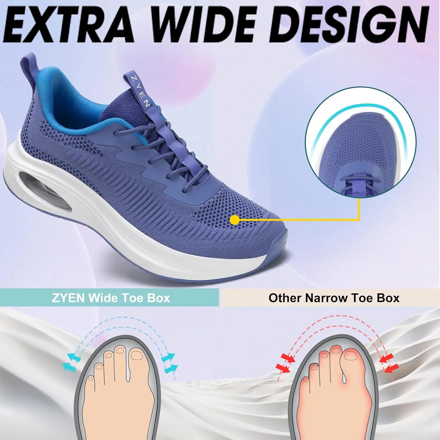 ZYEN Wide Toe Box Shoes Women Air Cushion Road Running Shoes Extra Wide Width Sneakers Arch Support Gym Athletic Tennis Sneakers Lightweight Breathable Walking Shoes
