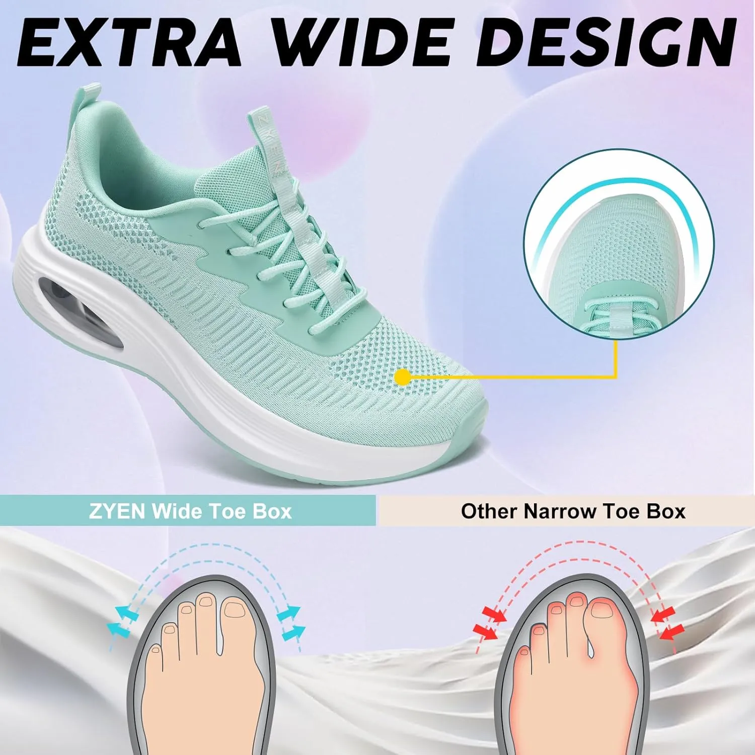 ZYEN Wide Toe Box Shoes Women Air Cushion Road Running Shoes Extra Wide Width Sneakers Arch Support Gym Athletic Tennis Sneakers Lightweight Breathable Walking Shoes