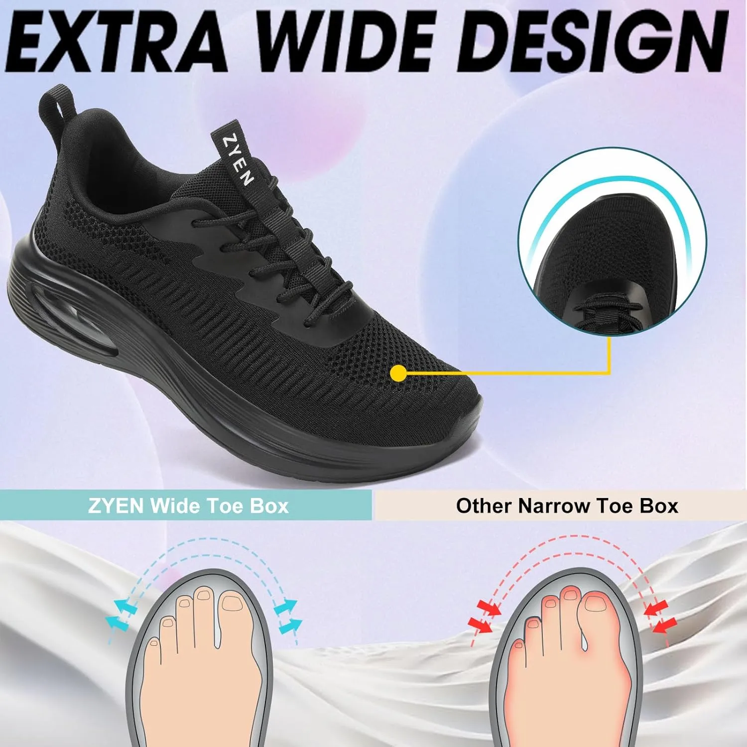 ZYEN Wide Toe Box Shoes Women Air Cushion Road Running Shoes Extra Wide Width Sneakers Arch Support Gym Athletic Tennis Sneakers Lightweight Breathable Walking Shoes