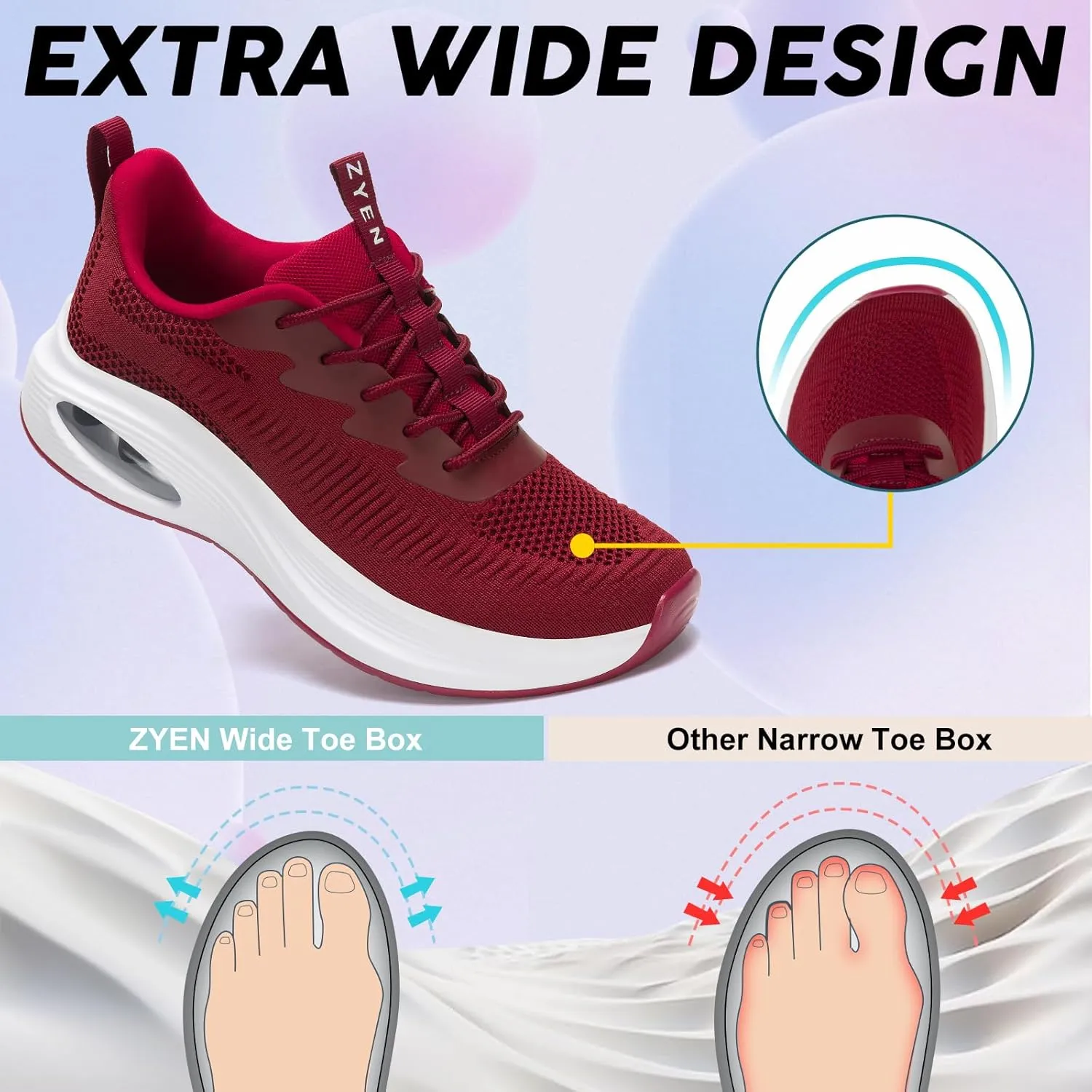 ZYEN Wide Toe Box Shoes Women Air Cushion Road Running Shoes Extra Wide Width Sneakers Arch Support Gym Athletic Tennis Sneakers Lightweight Breathable Walking Shoes