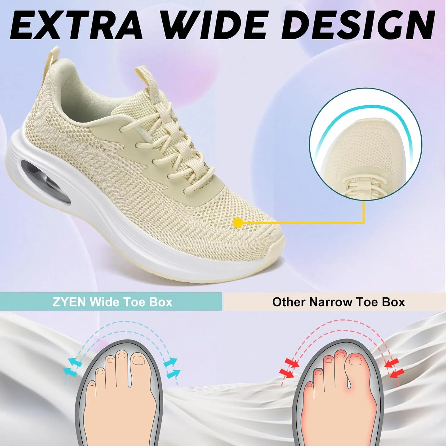 ZYEN Wide Toe Box Shoes Women Air Cushion Road Running Shoes Extra Wide Width Sneakers Arch Support Gym Athletic Tennis Sneakers Lightweight Breathable Walking Shoes
