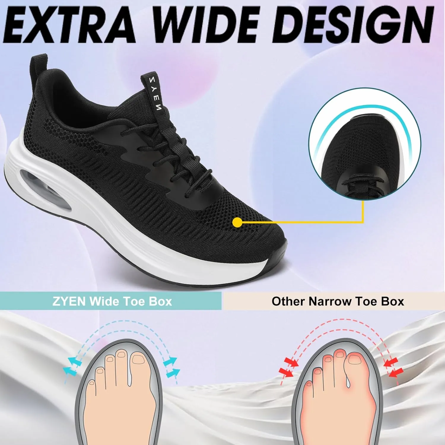 ZYEN Wide Toe Box Shoes Women Air Cushion Road Running Shoes Extra Wide Width Sneakers Arch Support Gym Athletic Tennis Sneakers Lightweight Breathable Walking Shoes