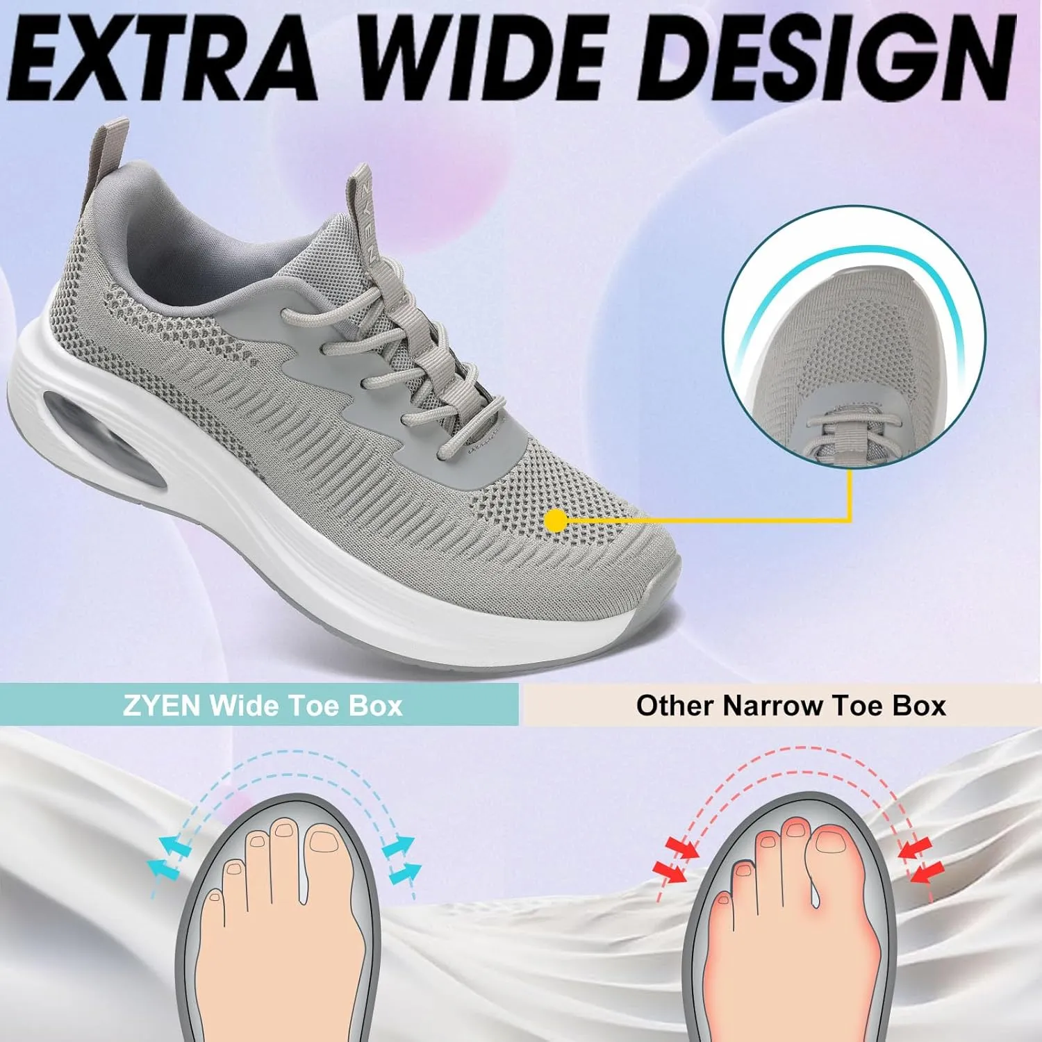 ZYEN Wide Toe Box Shoes Women Air Cushion Road Running Shoes Extra Wide Width Sneakers Arch Support Gym Athletic Tennis Sneakers Lightweight Breathable Walking Shoes